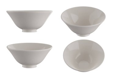 Beyaz arka planda beyaz seramik kase. 3B görüntüleme