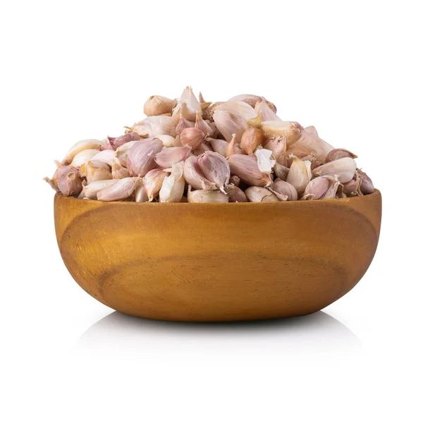Garlic Group Wooden Bowl Isolated White Background — Stock Photo, Image