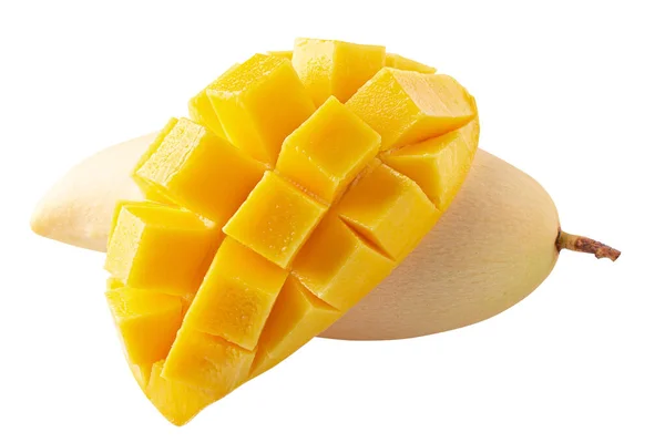 Mango Φρούτα Κύβους Μάνγκο Και Φέτες Απομονωμένα Λευκό Φόντο — Φωτογραφία Αρχείου