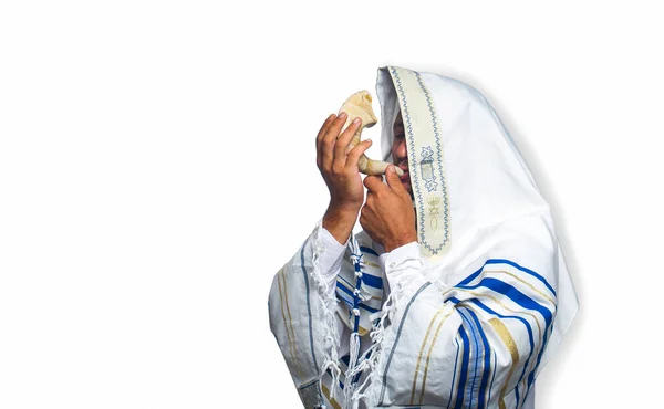Kutsal Şala Sarılmış Elinde Shofar Olan Yahudi Bir Adamın Dini Stok Resim