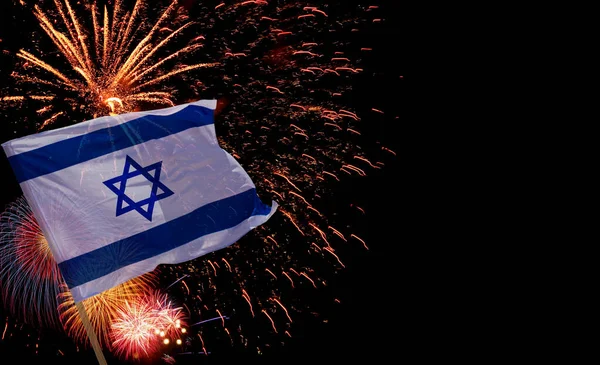 Праздничный Фон Израильским Флагом Фейерверком Ночью День Независимости Концепция Празднования — стоковое фото