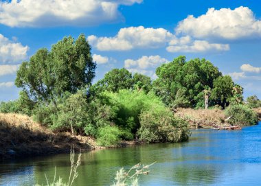 Yaz boyunca renkli yaprak döken ağaçlarla çevrili gölün altında gökyüzü olan tüylü bulutlar. Göl kıyısındaki yeşil orman. Parlak yaz gölleri gündüz manzarası. Turizm, yaz konsepti. Seçici odak