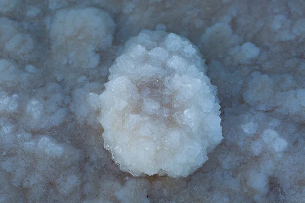 Heap of salts crystals from the Dead Sea. Selective focus with shallow depth of field. Background made of salt, large round cubes. Macro of white crystals of rock sea salt. Crystallised Sea-salt