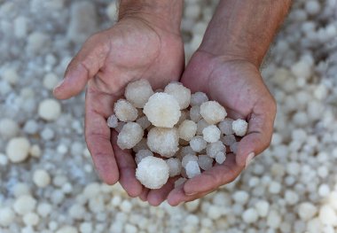 Kristalize olmuş ölü deniz tuzu insan palmiyeleri. Yığınla tuz kristalli erkek eller. Ölü Deniz kıyısı yüzeyinin bulanık arkaplanı. Tuzun elle çıkarılması. Faydalı mineraller. Ürdün tuzu tedavisi..