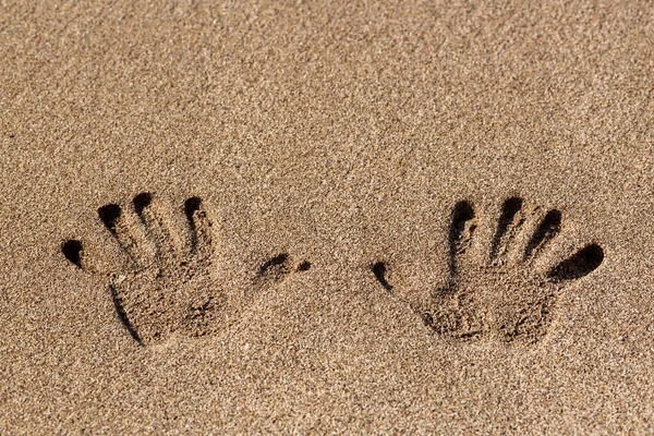 Human handprint on sand at the sandy beach. Palm print. Closeup shot of handprints in the sand as nice nature summer background. Two hand prints on beige sea sand texture. Top view with copy space