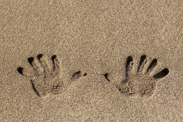 Human Handprint Sand Sandy Beach Palm Print Closeup Shot Handprints Stock Snímky