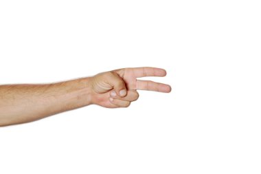 A left hand showing number two or a victory sign, good isolated on white background. Fighting and funny game for children. Sign peace of a man hand. Victory fingers sign or number two with one hands