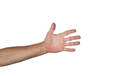 A left palm hand showing five fingers, good isolated on white background. Fighting and funny game for children. Sign of a man hand. Close up of gesture of the symbol with empty open one man's hands