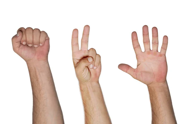 Левые Руки Знак Камень Бумаги Ножницы Игры Хорошо Изолированы Белом — стоковое фото