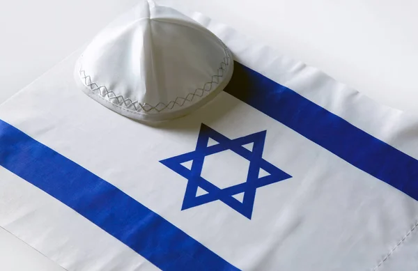 Kippah Religieuze Hoed Met Vlag Van Israël Achtergrond Stilleven Van — Stockfoto