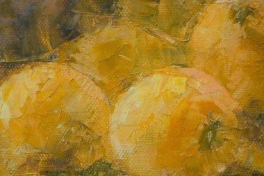 Yağlı boya tablonun bir parçası. Tuval üzerinde parlak sulu portakallar, palet bıçağıyla yağlı boyalarla boyanmış..