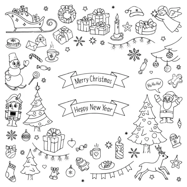 Set Elementos Navideños Navideños Estilo Doodle Ilustración Vectorial — Vector de stock