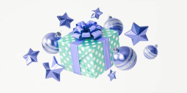 Noel oyuncaklarıyla ve fiyonklu hediye kutusuyla Noel kompozisyonu. Parlak mavi ve yeşil doymuş renklerle 3D illüstrasyon.