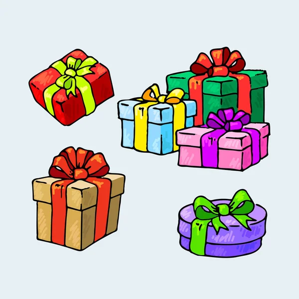 Set Gift Boxes Doodle Style Vector Illustration Red Yellow Blue — Stockvektor