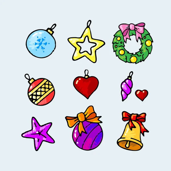 Set Christmas Tree Toys Doodle Style Colorful Vector Illustration — Stockvektor
