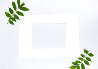 white frame with flowers and green leafs isolated on a beige background. top view