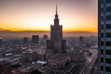 Warsaw city center during the January sunrise