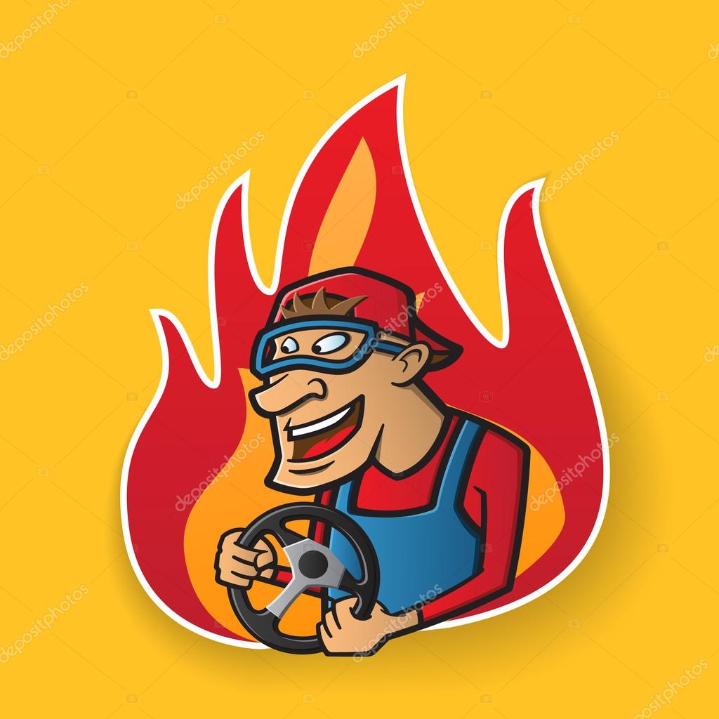 Funny character man car driver in goggles with a steering wheel, vector illustration, symbol looks like logo