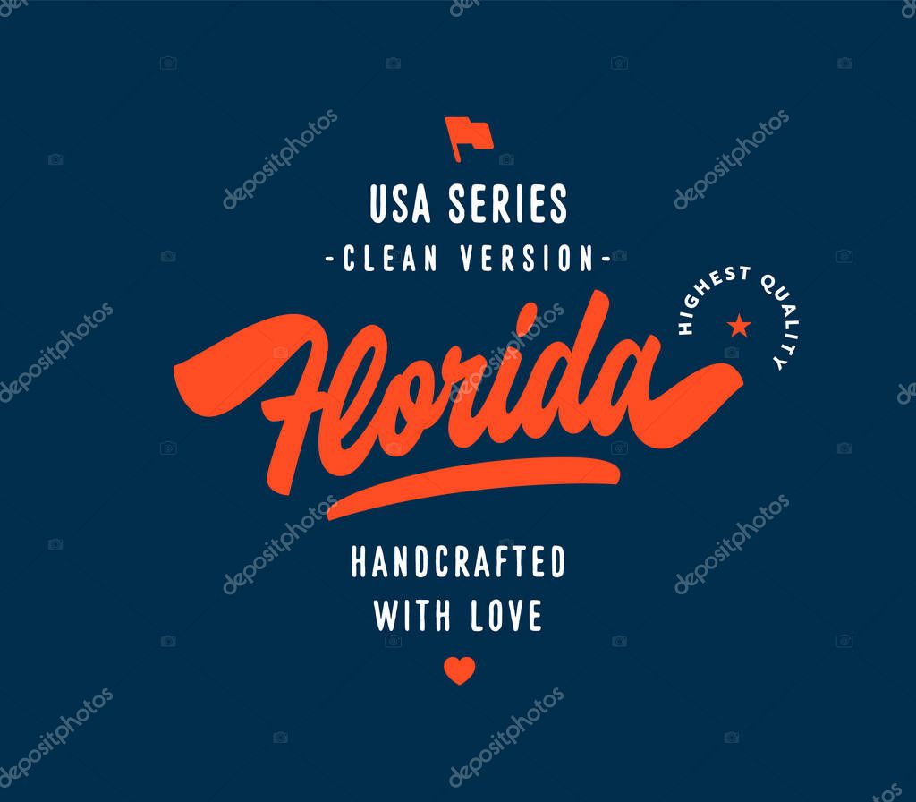 Florida hand lettering design. USA States series. Original Florida vector typography. Brush script style. Good for t shirt apparel print poster gift mug packaging etc. Clean version