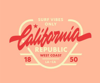 Kaliforniya Cumhuriyeti el yazısı tişört grafik baskısı. Golden State Giyim Grafikleri. West Coast Vintage Design 'dan esinlenildi. Retro Moda Sörfü Kaliforniya Harflerine İlham Verdi