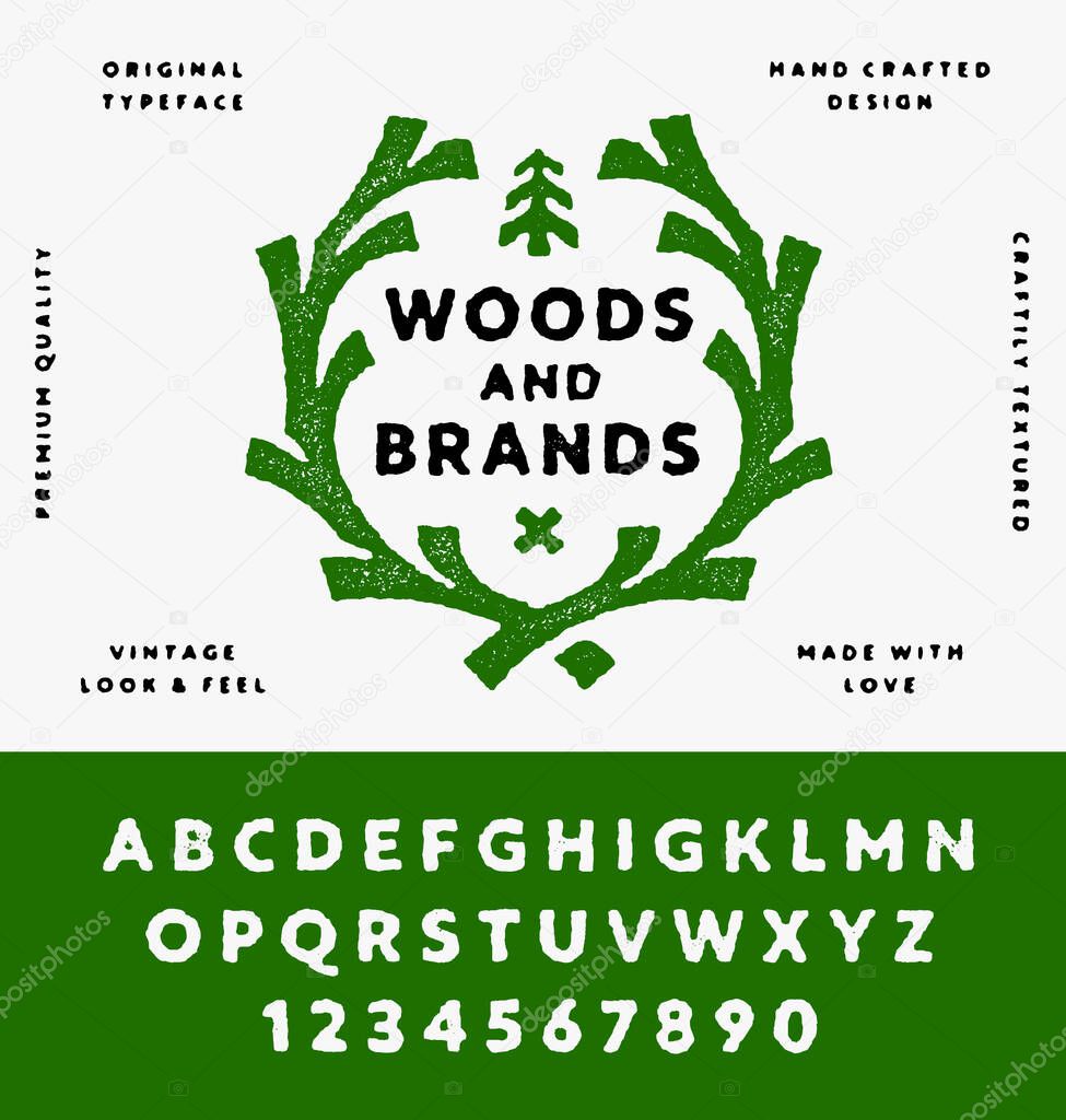 Original Vintage Handcrafted Textured alphabet Woods and Brands. Retro Styled Rustic Typeface. Hipster Wreath Heraldry Frame Badge with Copy Space. Forest Hiking Outdoors Design