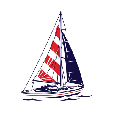 Yat vektör illüstrasyonu. Yelkenli ikonu. Yelken kulübü logosu sembolü. Tekne sporu, deniz okyanusu taşımacılığı. Denizaltı gemisi çizimi.
