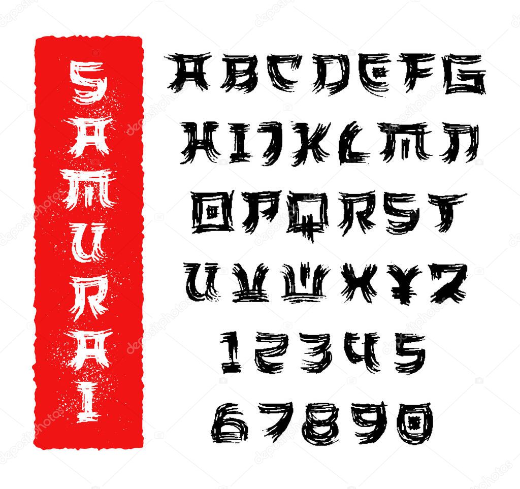 Samurai original Japanese asian style alphabet. Hieroglyph inspired hand lettering typeface with brush strokes handwritten calligraphic texture effect. Oriental Japanese font.