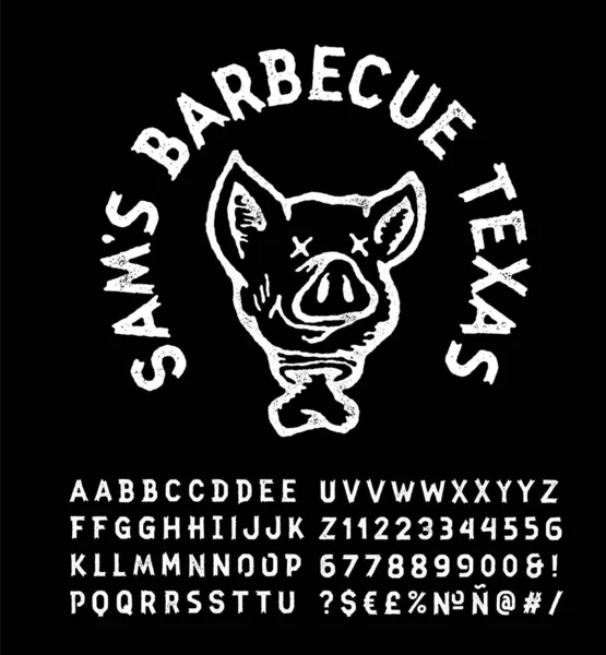 Logo Restoran Barbekyu Antik Bbq Retro Cetak Dengan Mati Babi - Stok Vektor