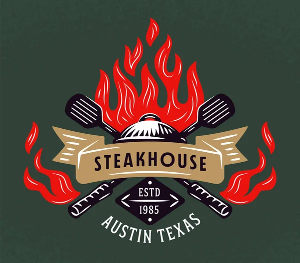 Retro Steakhouse Emblem Grill Logo Bbq Charcoal Grill Badge Open — Stock Vector