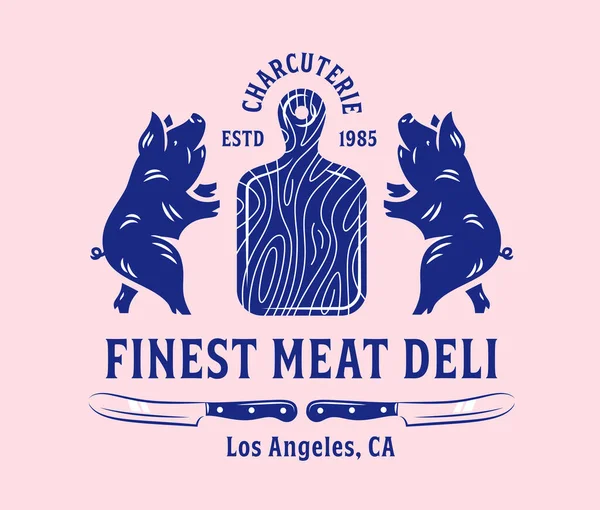Pork Meat Business Logo Vintage Elegant Heraldry Style Pigs Badge — Stock Vector