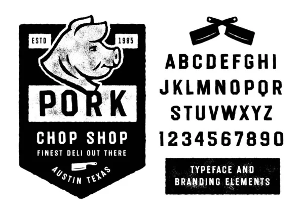 Logotyp För Fläskbutiken Köttföretag Slaktlogotyp Slaktarens Butiksskylt Och Handritat Alfabet Royaltyfria illustrationer