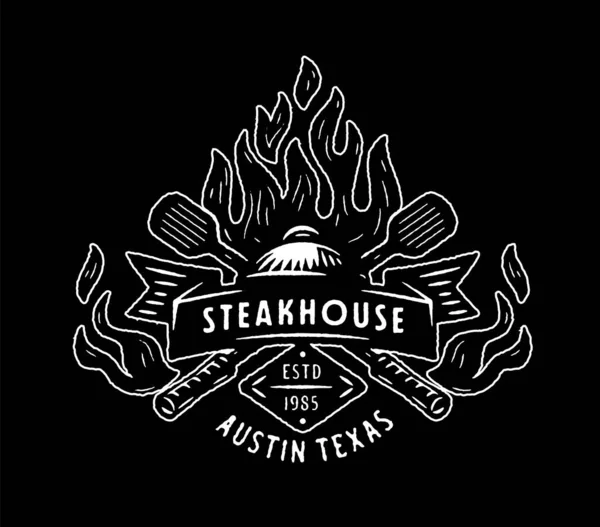 Ретро Steakhouse Emblem Grill Logo Bbq Дерев Яний Знак Вугіллям Векторна Графіка
