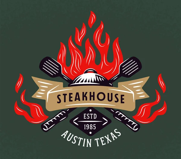 Retro Steakhouse Emblem Grill Logo Emblema Churrasco Carvão Grelha Abra Vetores De Stock Royalty-Free
