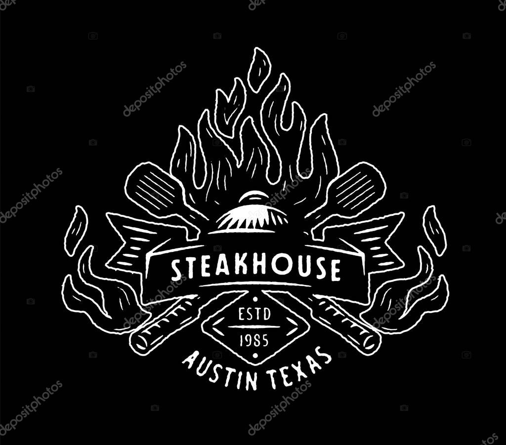 Retro Steakhouse Emblem Grill Logo. BBQ charcoal grill Badge. Open Fire braai icon. Barbecue Party Badge. Flame Background. Vintage Back yard party decor. Roasted meat restaurant. Monochrome version