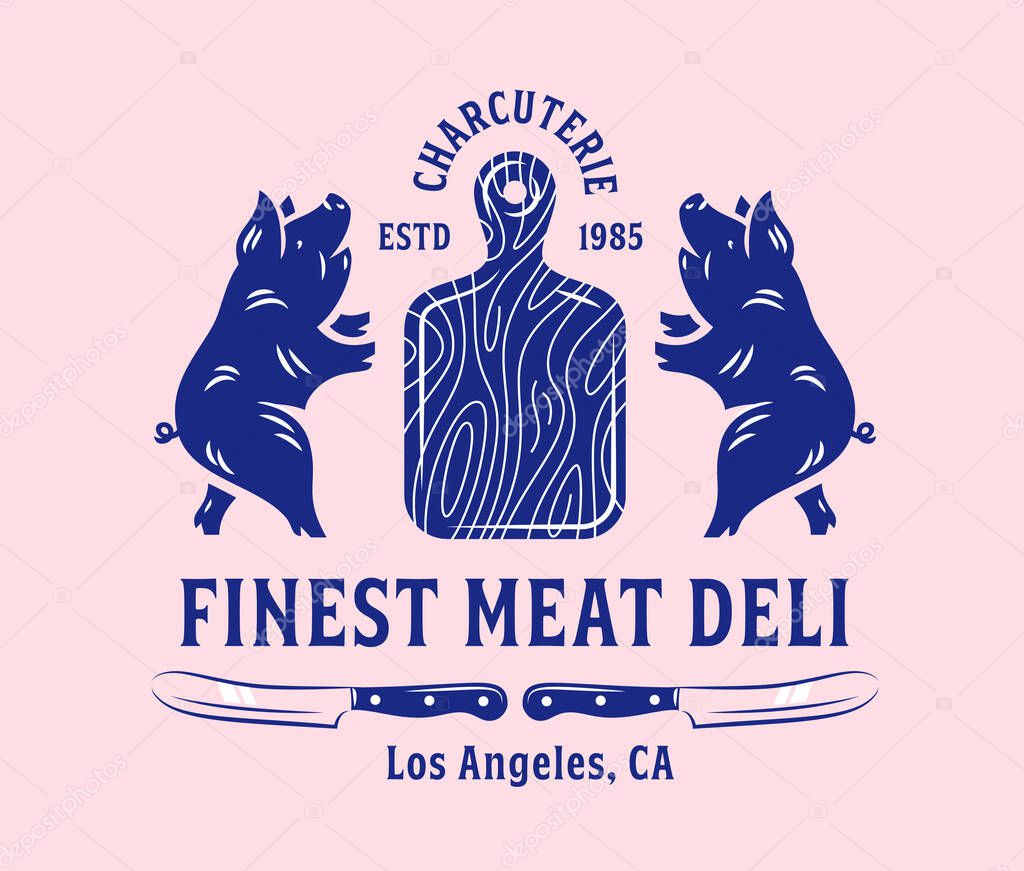 Pork meat business logo. Vintage elegant heraldry style pigs badge. Modern heraldry meat delicatessen emblem. Pork deli company. Retro pig icon. Premium butcher charcuterie logo