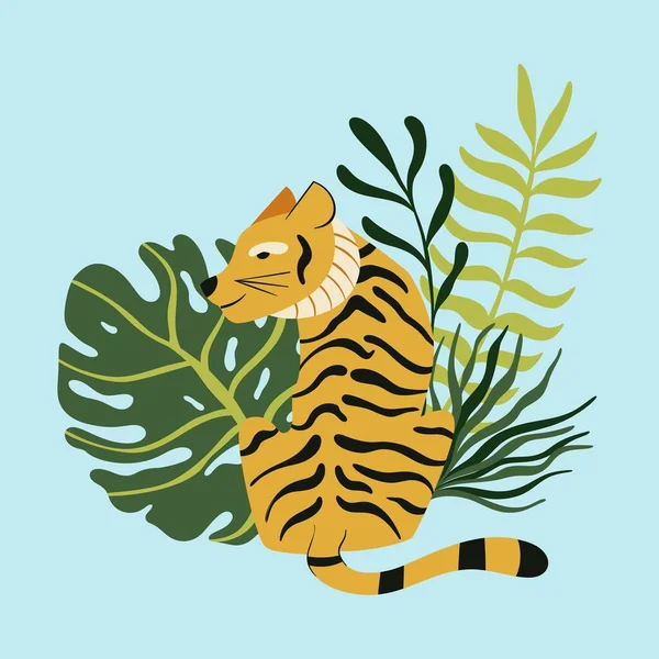 矢量可爱的亚洲虎与热带叶蓝色背景卡的设计 漂亮的丛林动物图案 用于T恤衫或海报 — 图库矢量图片