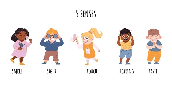 Les Enfants Cinq Sens Consept Sens Vue Toucher Ouïe Odeur — Image vectorielle