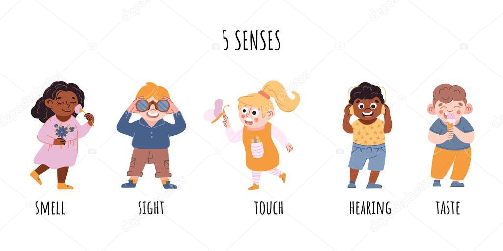 Children five senses consept. Sense of sight, touch, hearing, smell, taste vector illustration on white.