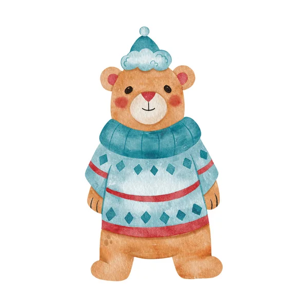 可爱的水彩熊穿着蓝色和红色的圣诞毛衣 围巾和帽子 儿童卡通画与可爱的动物为贺卡 贴纸和邀请函 圣诞动物 — 图库照片