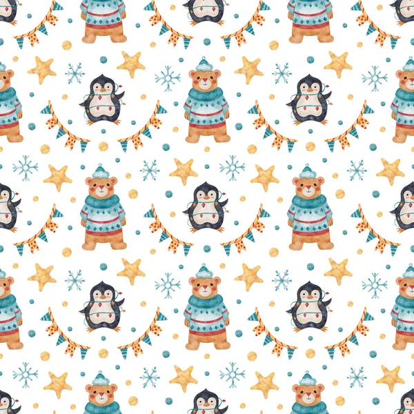 Tatlı penguenler ve kutup ayılarıyla suluboya Noel desenleri