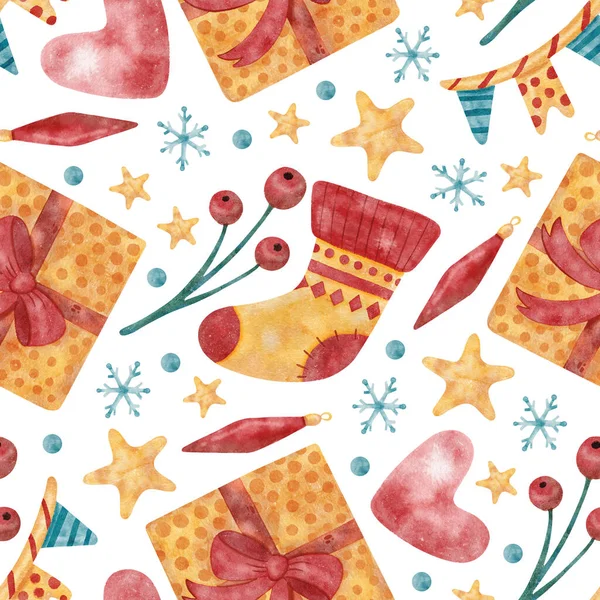 Watercolor Christmas pattern with presents stars and sock. Bright holiday seamless pattern for print, wrapping paper and fabric