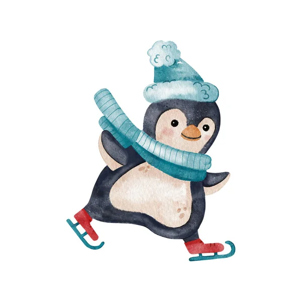 Pingwin Jeździ Łyżwach Boże Narodzenie Cute Akwarela Ilustracja Zwierząt Polarnych — Zdjęcie stockowe