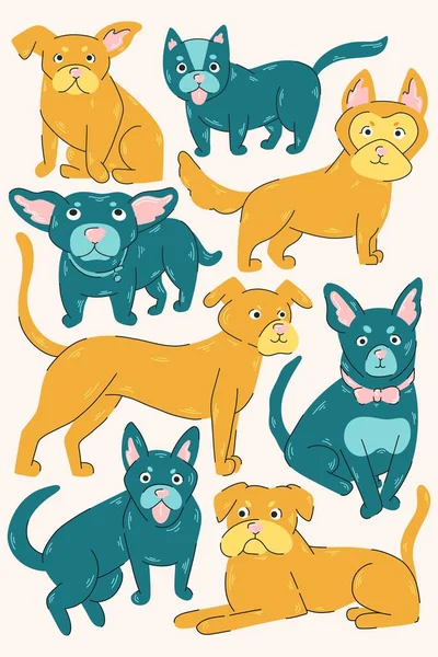 Dogs Vector Illustration Set Poster Design Different Cute Stylized Dogs — Stock Vector