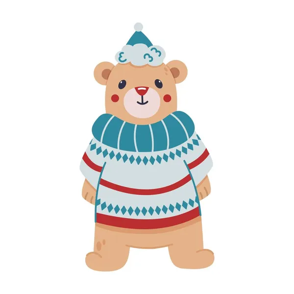 Lindo Oso Vector Suéter Navidad Azul Rojo Bufanda Sombrero Ilustración — Archivo Imágenes Vectoriales