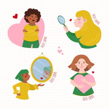 Kendini seven kadınlar vektör illüstrasyonu seti. Beyazların vücut bakımı ve kişisel aşk tasarım koleksiyonu