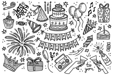 Party birthday doodle vector set. Happy birthday celebration hand drawn clipart big collection. Anniversary decoration objects isolated on white