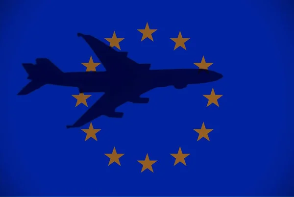 Европейский Флаг Силуэтом Самолета — стоковое фото