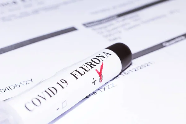 Blood Test Tube Laying Medical Paper Certificating Positivity Flurona Variant — Stock Photo, Image