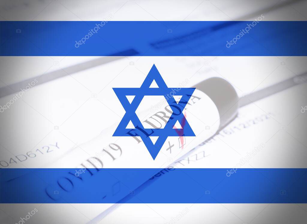 Israel flag with a background a blood test tube laying on a medical paper certificating positivity to Flurona variant