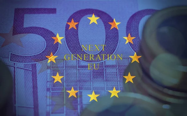 接近一张500欧元的钞票 上面印有欧洲国旗和 下一代欧盟 — 图库照片